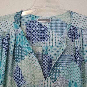 Pleione Blue Green Blouse V-neck 3/4 Length Sleeves Womens Sz Small Office Wear